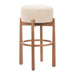 Bar stool with beige cushioned seat and wooden frame on a white background
