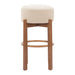 Bar stool with beige cushioned seat and wooden frame on a white background