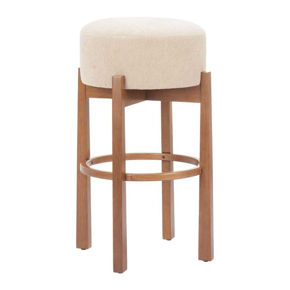 Bar stool with beige cushioned seat and wooden frame on a white background