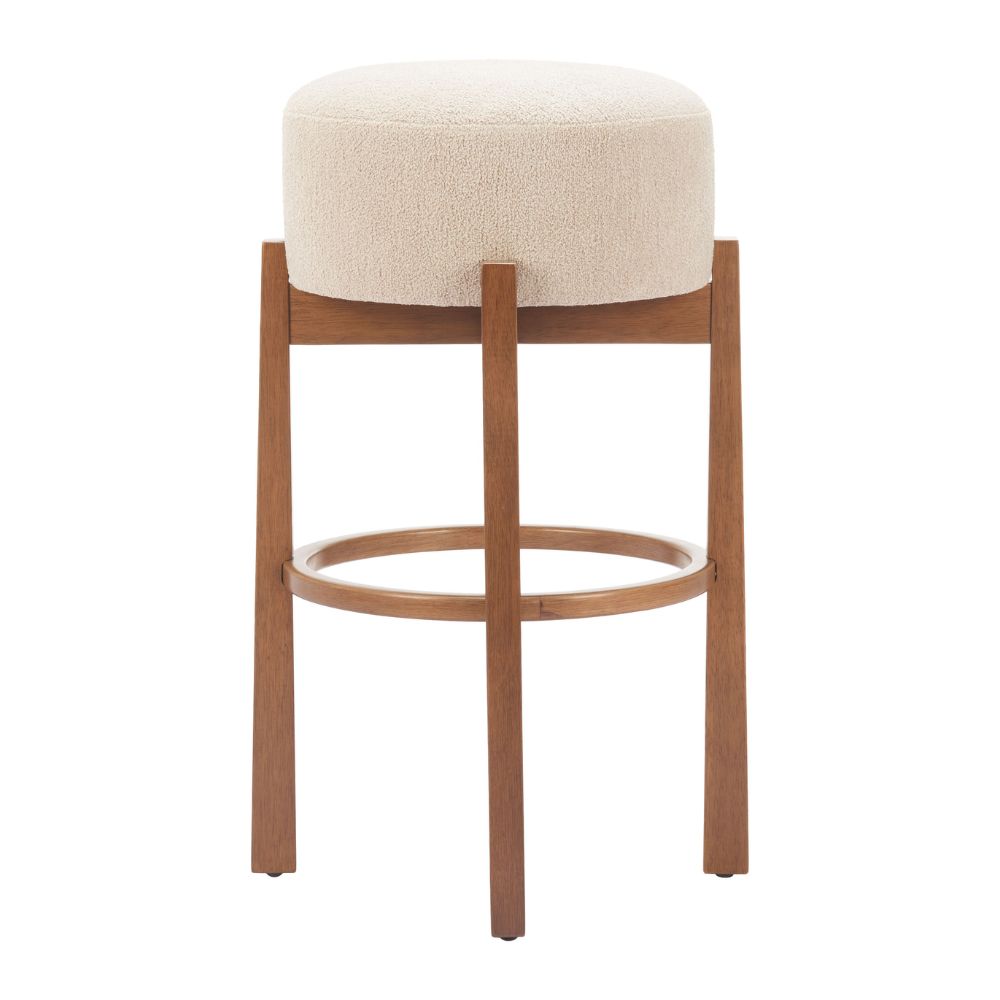 Bar stool with beige cushioned seat and wooden frame on a white background
