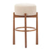 Bar stool with beige cushioned seat and wooden frame on a white background