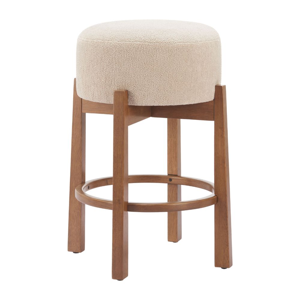 Bar stool with beige cushioned seat and wooden frame on a white background