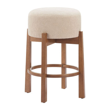 Bar stool with beige cushioned seat and wooden frame on a white background