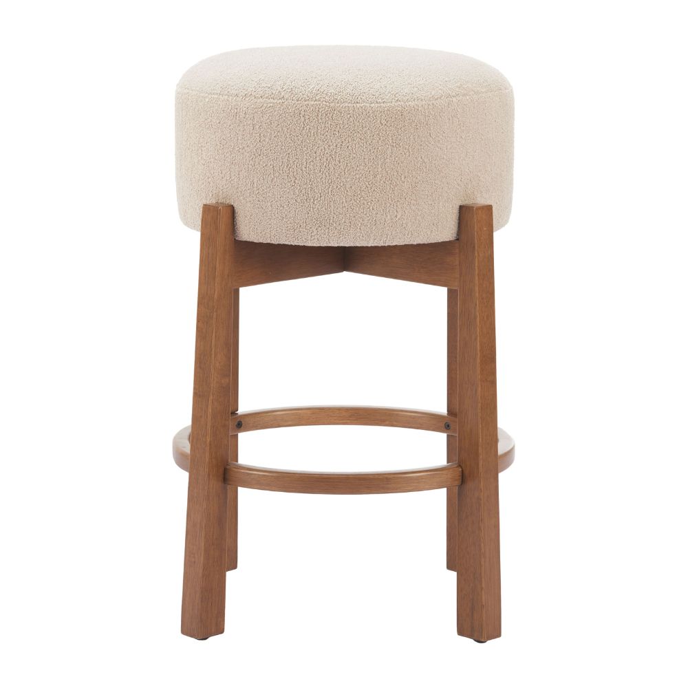 Bar stool with beige cushioned seat and wooden legs on a white background