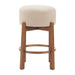 Bar stool with beige cushioned seat and wooden legs on a white background