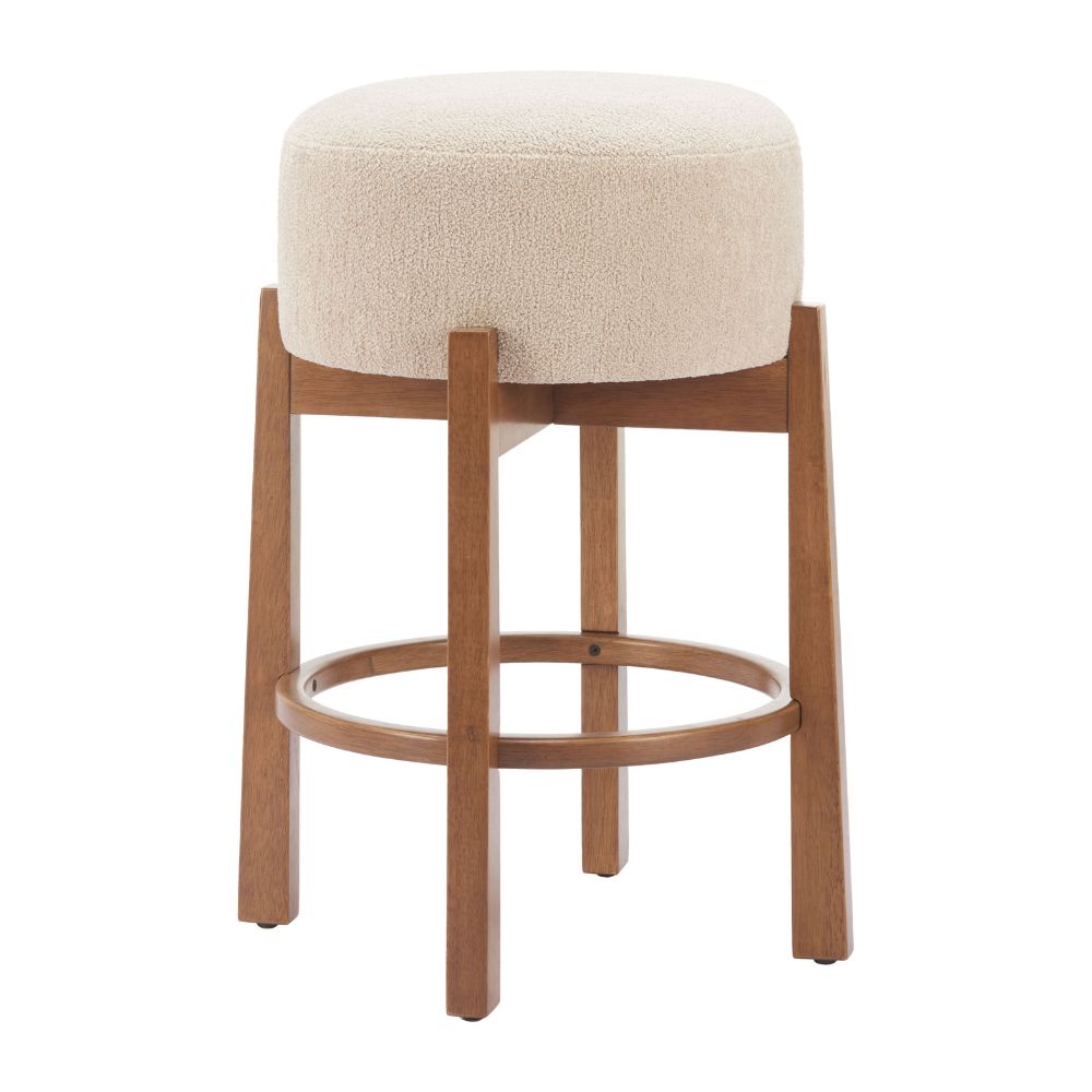 Bar stool with beige cushioned seat and wooden frame on a white background