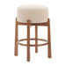 Bar stool with beige cushioned seat and wooden frame on a white background