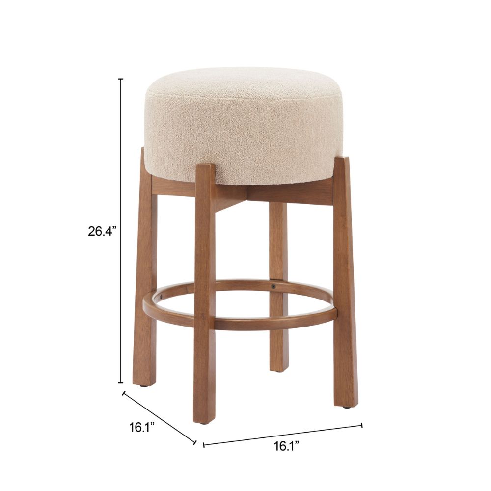 Bar stool with beige cushioned seat and wooden frame, shown with dimensions on a white background.