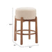 Bar stool with beige cushioned seat and wooden frame, shown with dimensions on a white background.