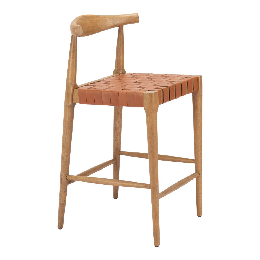 Wooden bar stool with woven seat on a white background