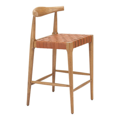 Wooden bar stool with woven seat on a white background