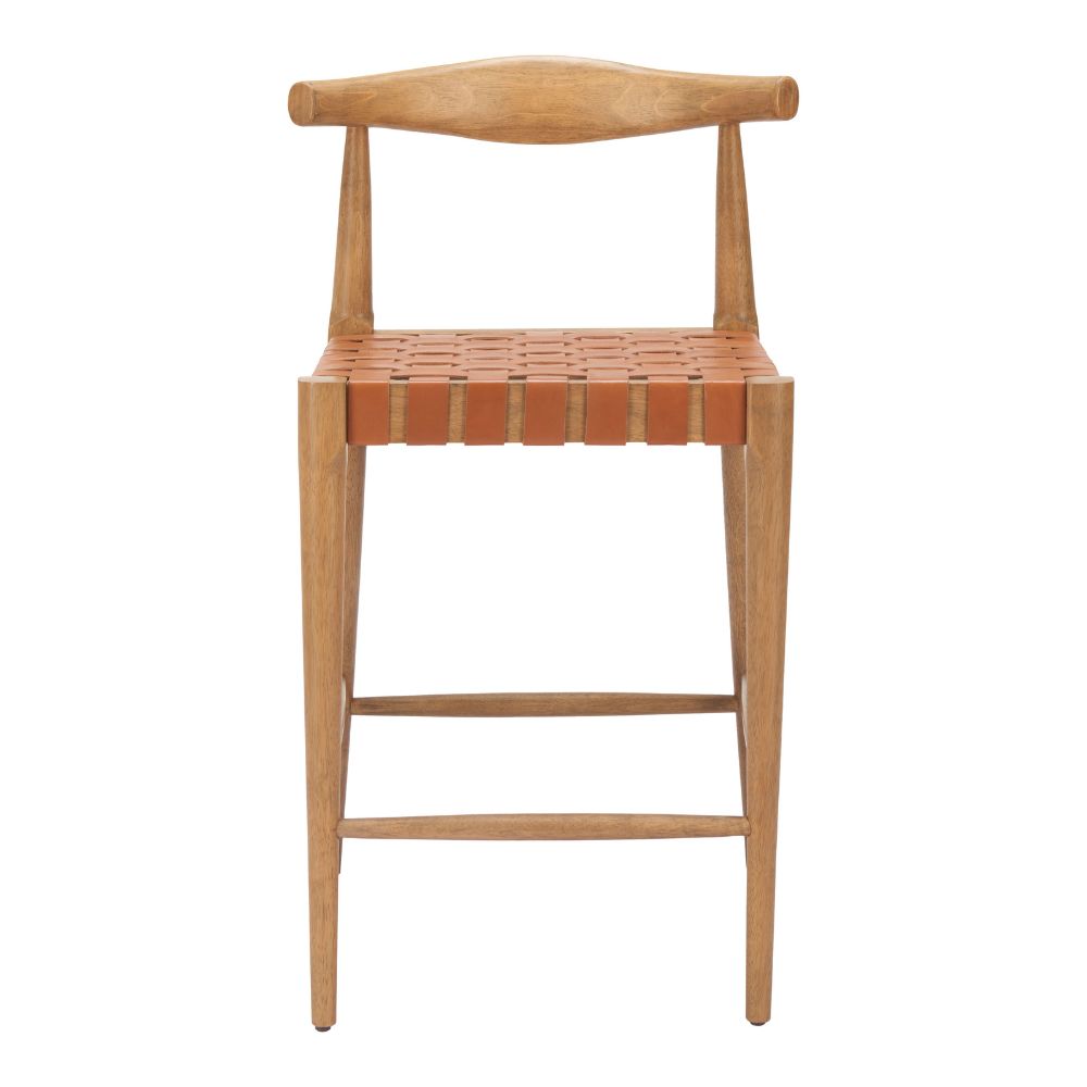 Wooden bar stool with woven seat on a white background