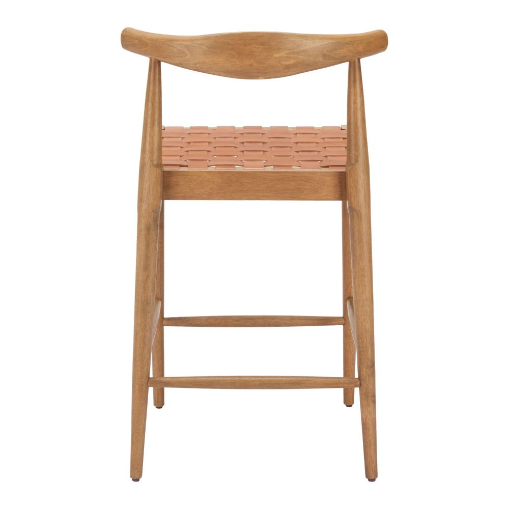 Wooden bar stool with woven backrest on a white background