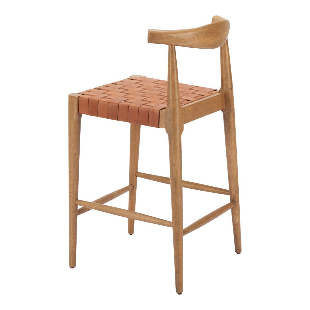 Wooden bar stool with woven seat on a white background