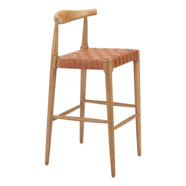 Wooden bar stool with woven seat on a white background