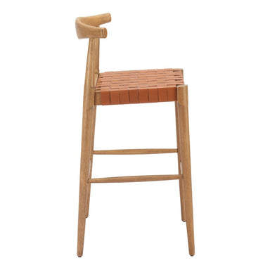 Wooden bar stool with woven seat on a white background