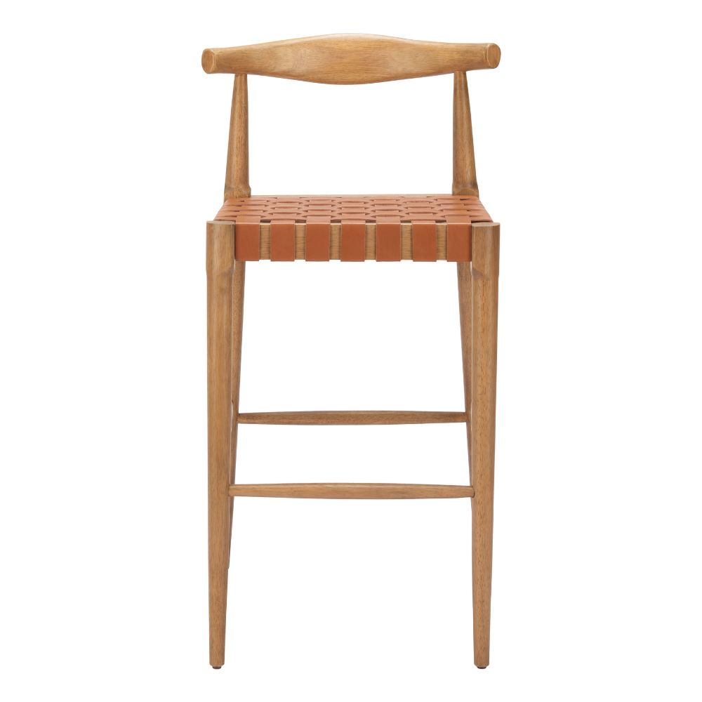 Wooden bar stool with woven seat on a white background