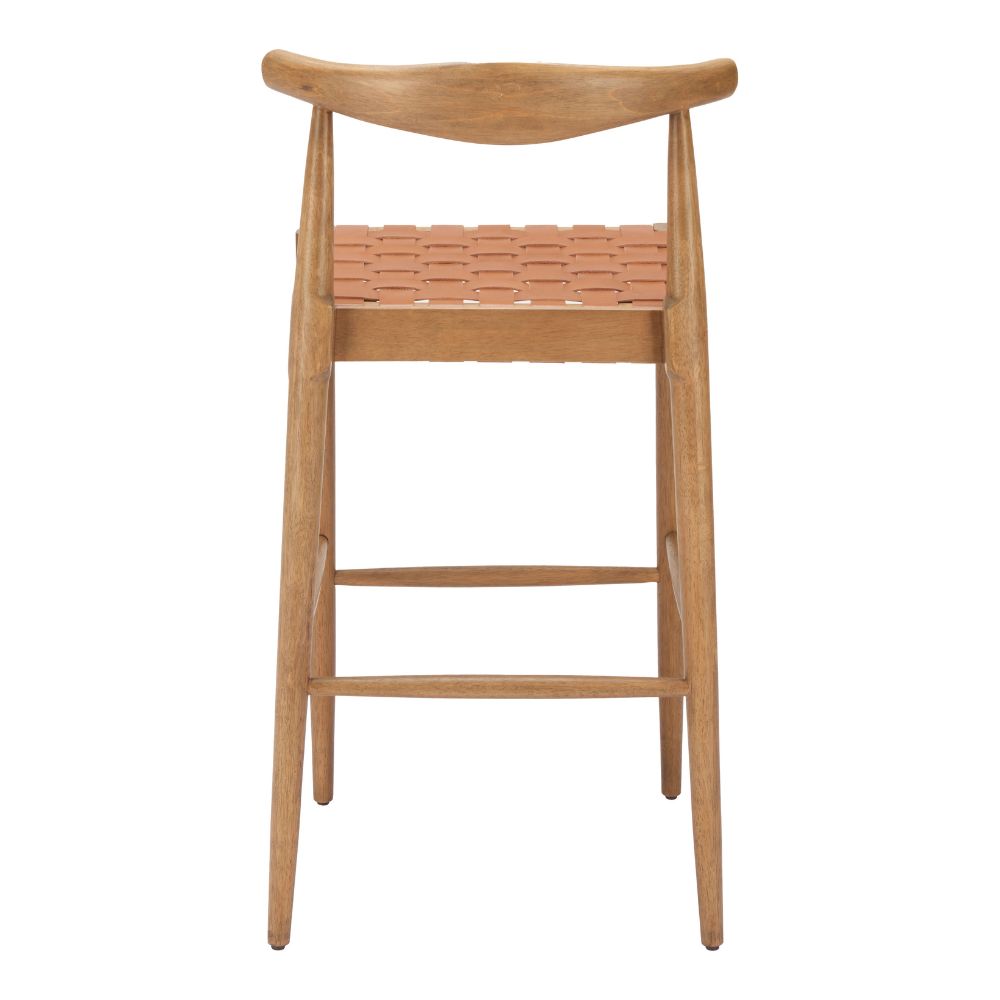 Wooden bar stool with woven seat on a white background