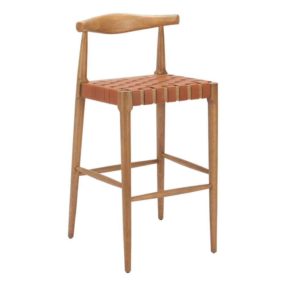 Wooden bar stool with woven seat on a white background