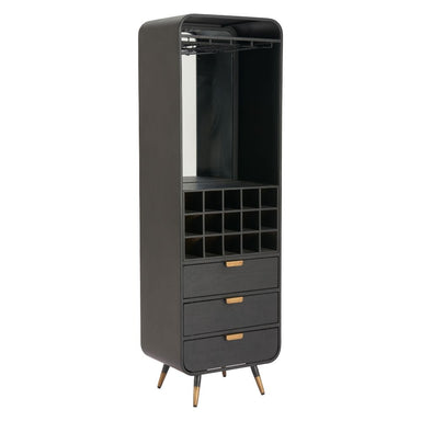 Black bar cabinet with shelves and drawers on a white background