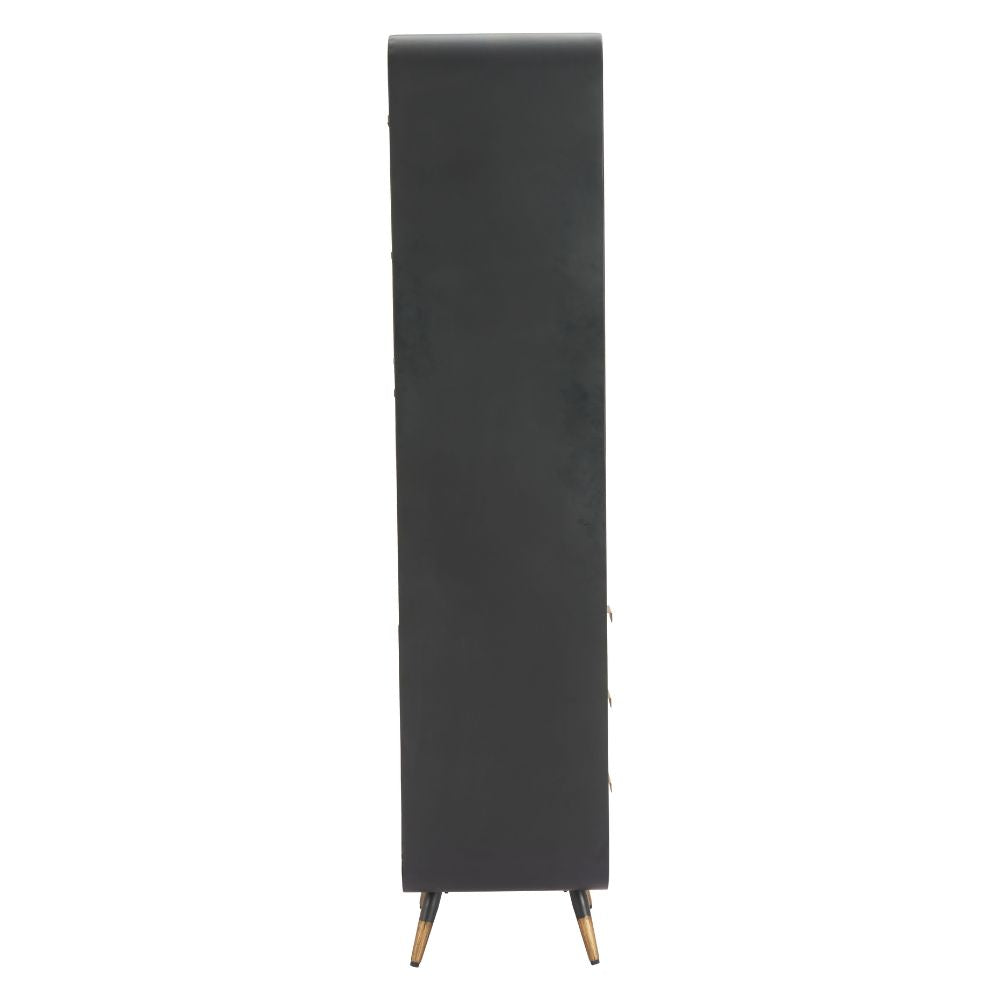 Black vertical cabinet with gold legs on a white background