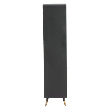 Black vertical cabinet with gold legs on a white background