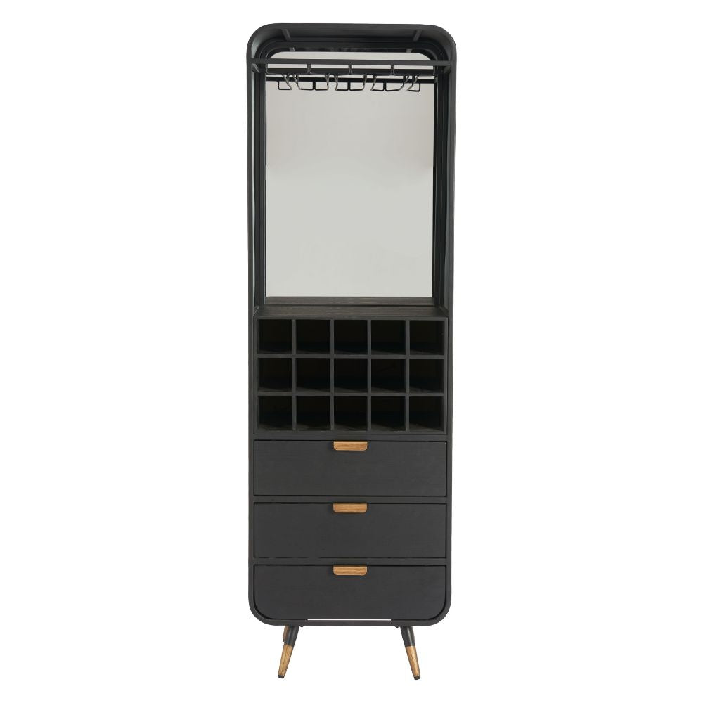 Black bar cart with wine storage and drawers on a white background