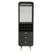 Black bar cart with wine storage and drawers on a white background
