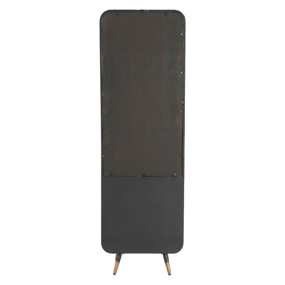 Black metal stand with a rectangular top on a white background
