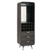 Black bar cabinet with glass shelves and drawers on a white background