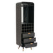 Black bar cabinet with wine storage and drawers on a white background