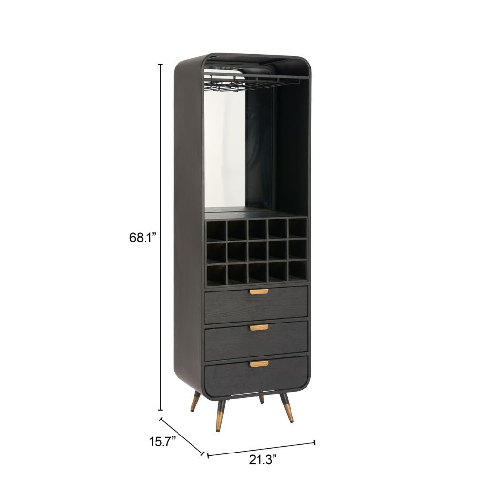Black bar cabinet with wine storage and dimensions on a white background
