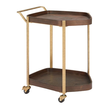 Wooden serving cart with gold accents on a white background