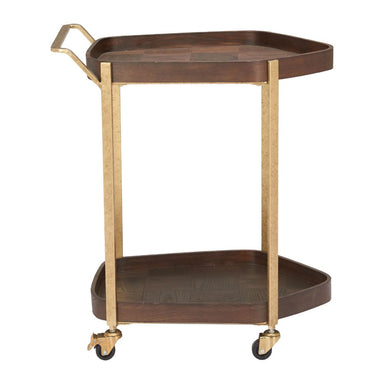 Wooden serving cart with gold accents on a white background