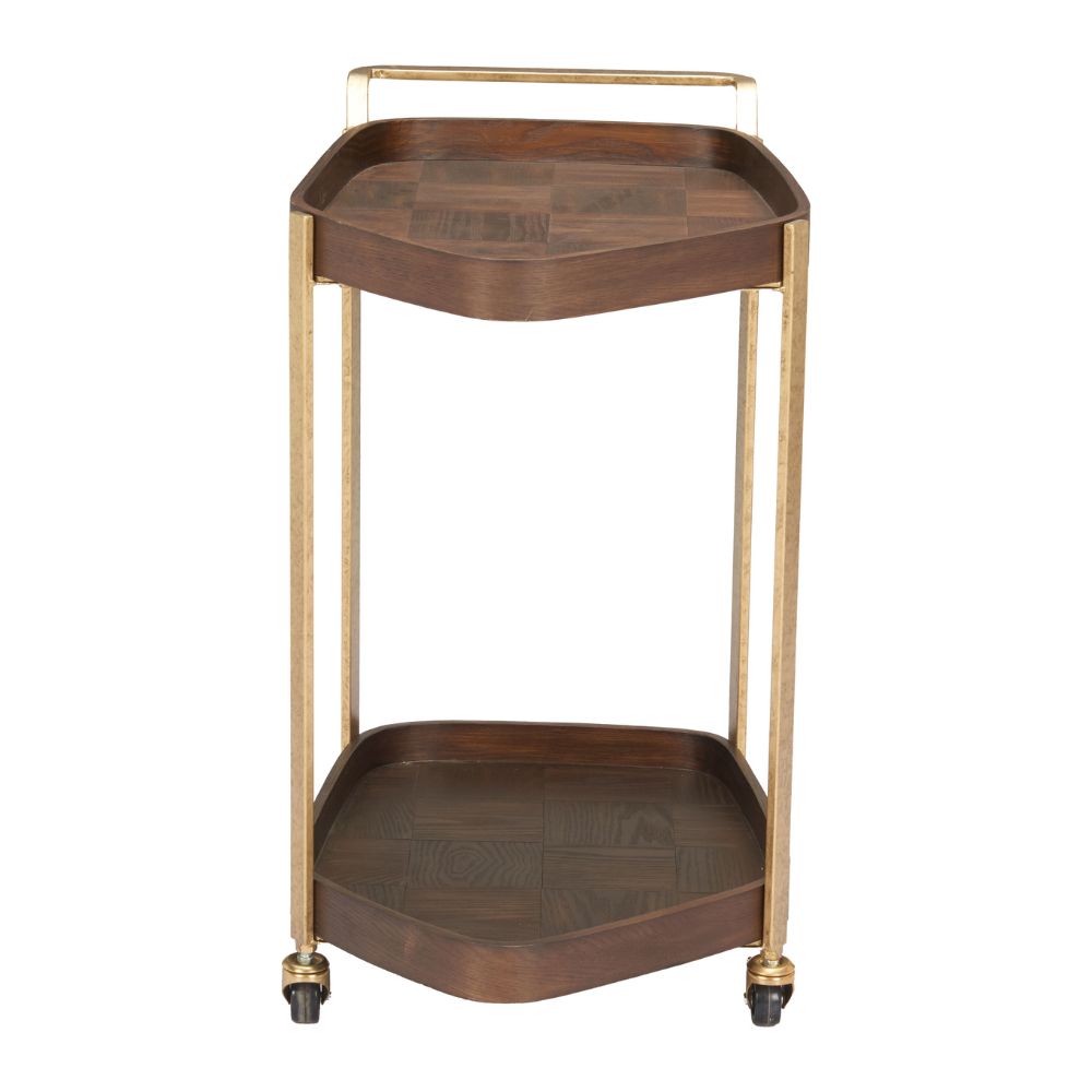 Wooden side table with gold accents on a white background