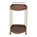 Wooden side table with gold accents on a white background