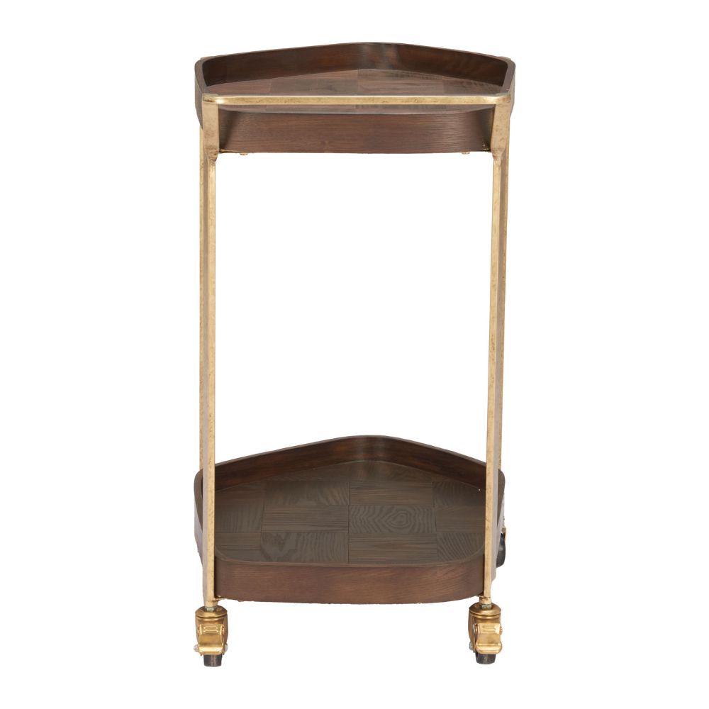 Corner accent table with gold legs and brown top on a white background
