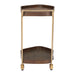 Corner accent table with gold legs and brown top on a white background