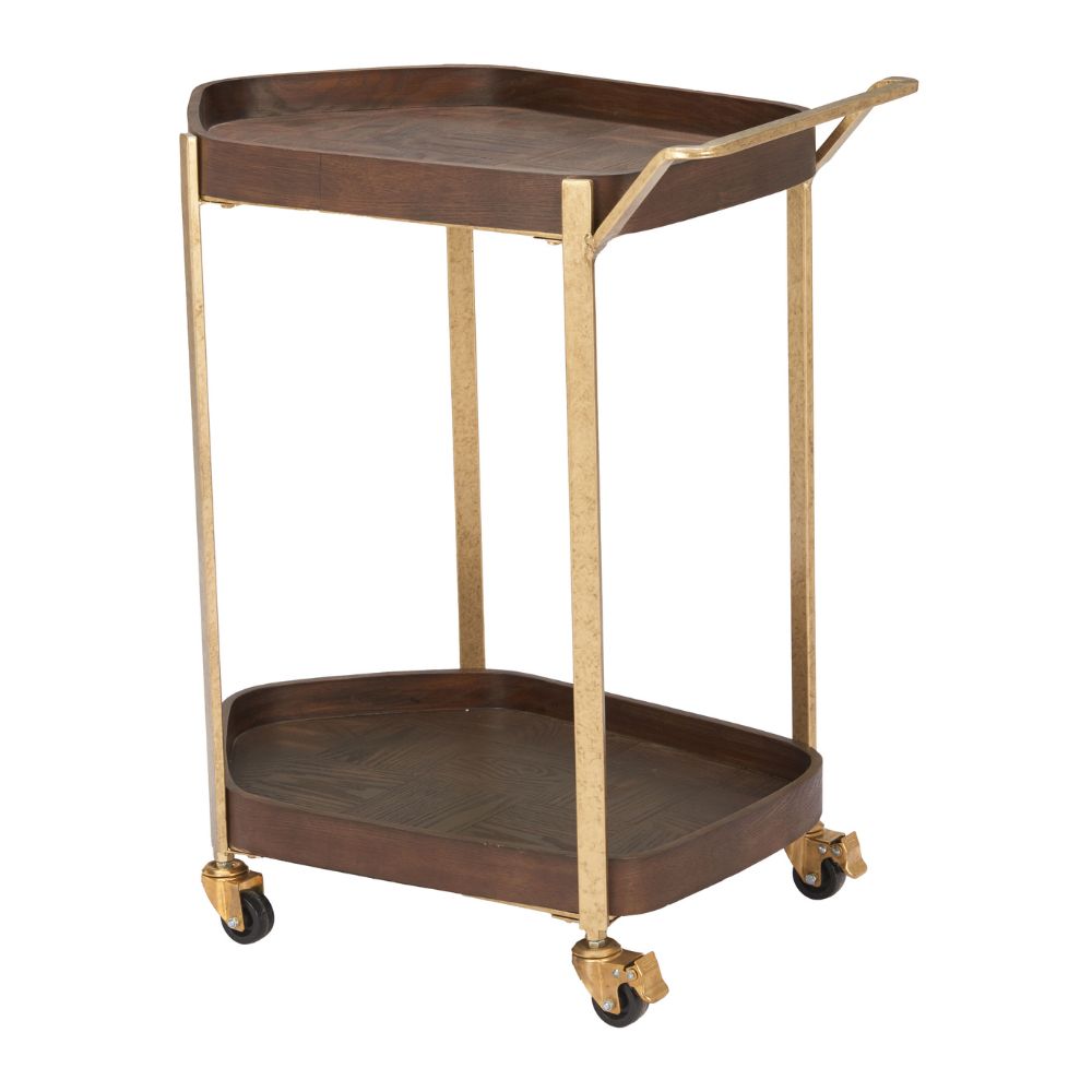 Bar cart with wooden top and brass frame on a white background