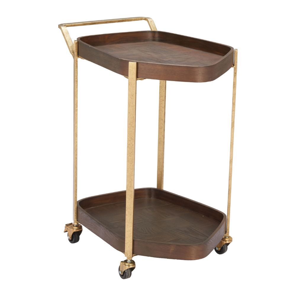 Two-tiered serving cart with wooden trays and gold metal frames on a white background
