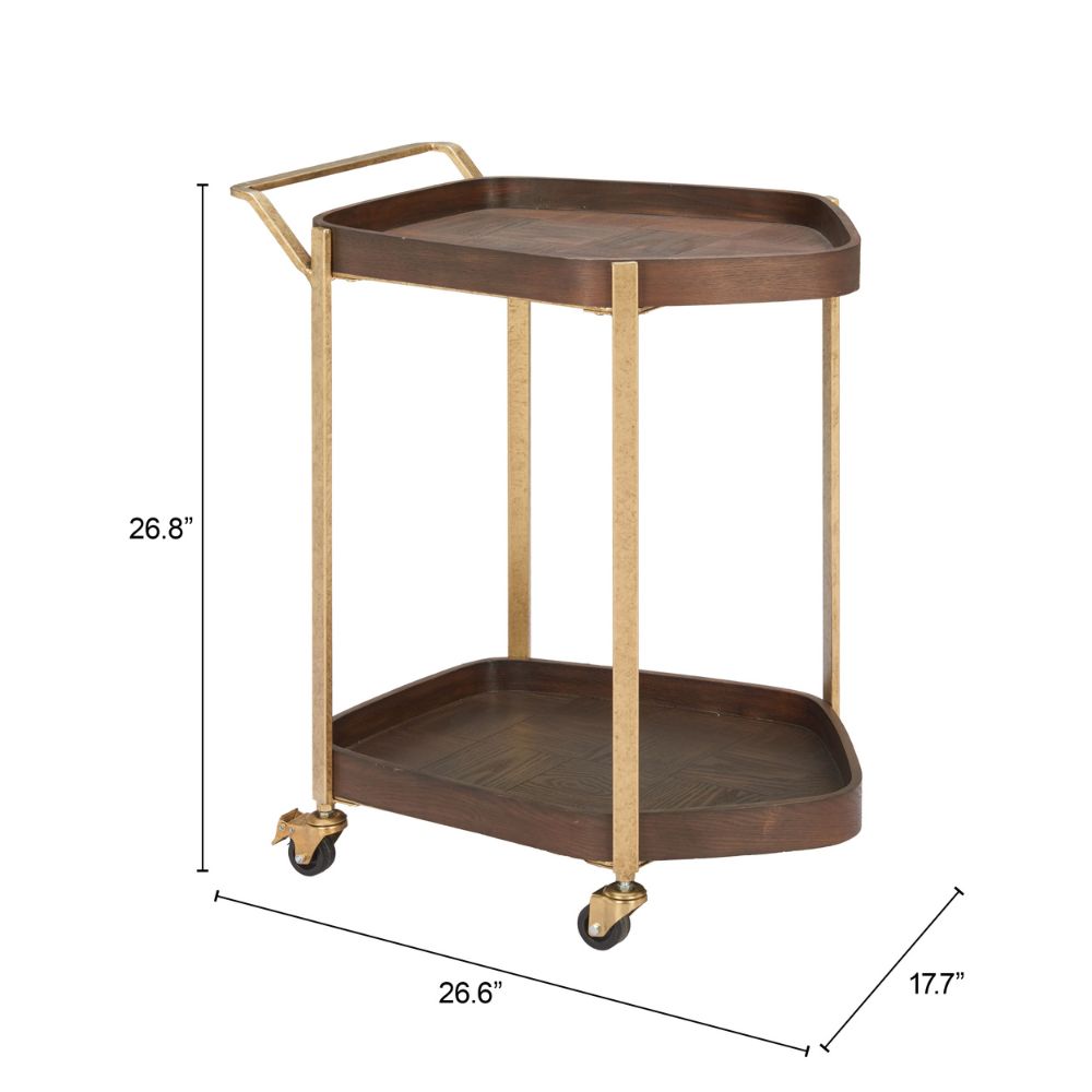 Corner serving cart with dimensions on a white background