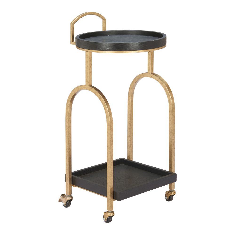 Two-tiered serving cart with gold frame and black trays on a white background