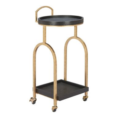 Two-tiered serving cart with gold frame and black trays on a white background