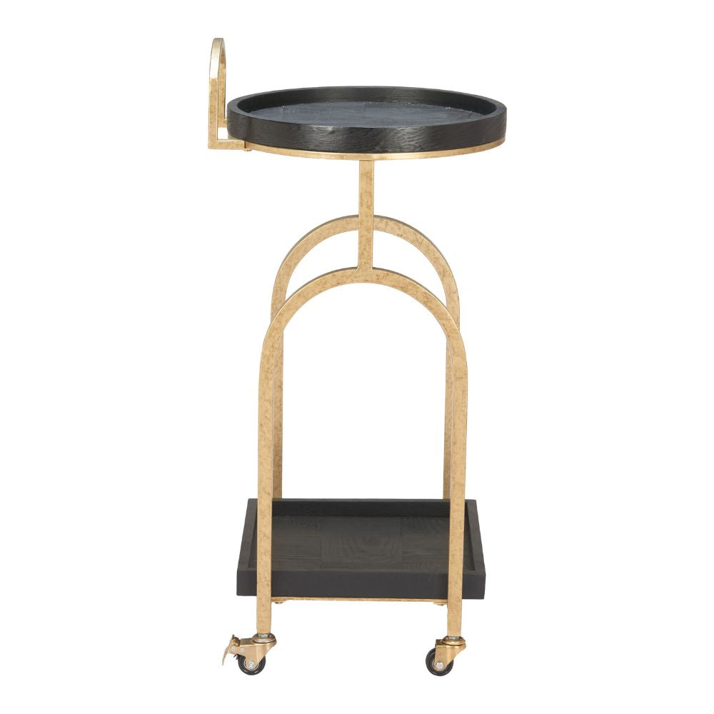 Two-tiered serving cart with black top and bottom shelves on a white background