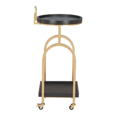 Two-tiered serving cart with black top and bottom shelves on a white background