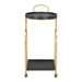 Two-tiered serving cart with black trays and gold accents on a white background