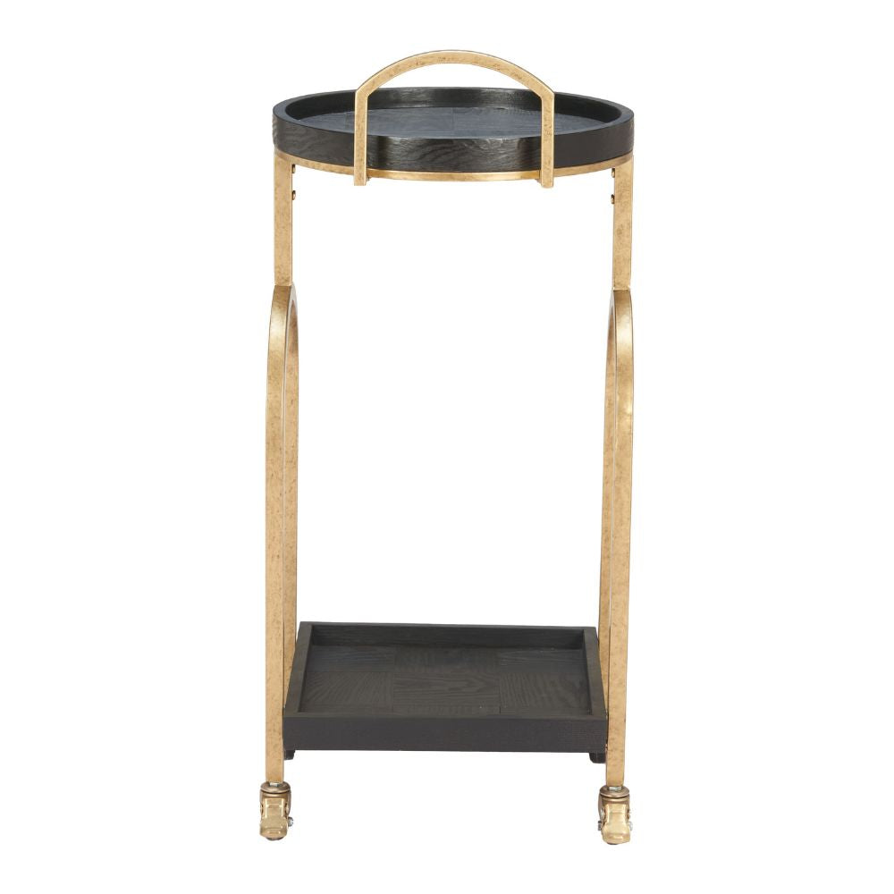 Decorative stand with black tray and gold accents on a white background