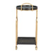 Decorative stand with black tray and gold accents on a white background