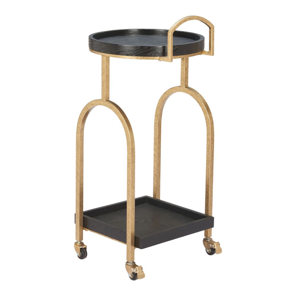 Two-tiered serving cart with gold frame and black trays on a white background