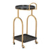 Two-tiered serving cart with gold frame and black trays on a white background